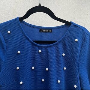 [Shein] Royal Blue Blouse with Scalloped Edge and Pearl Detail